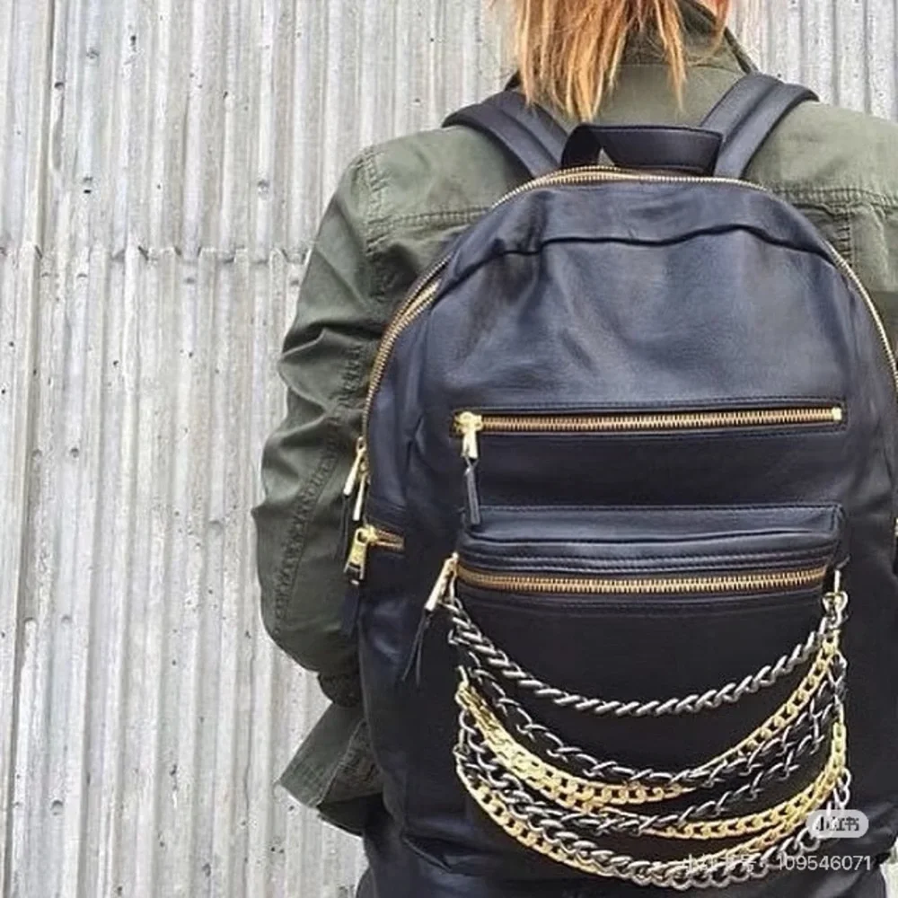 Ash Black Leather Backpack with Gold Chain Accents - Picture 2 of 8